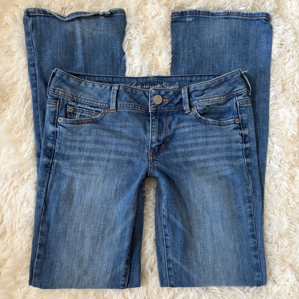 American Eagle Slim Boot Blue Jeans Womens 10 Long Medium Wash Low Rise Stretch